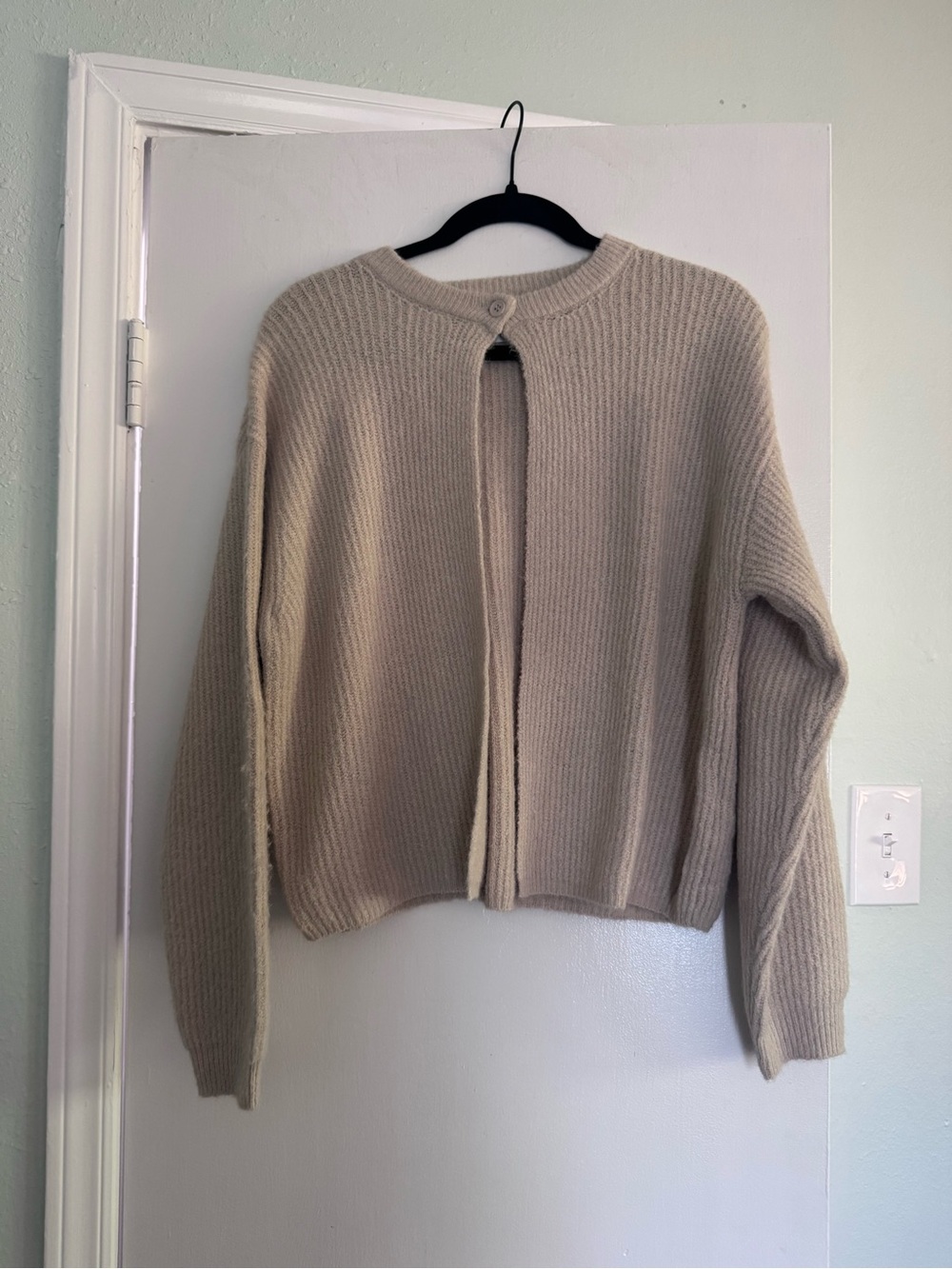 Open-Back Button Crewneck Cardigan Sweater - Cream